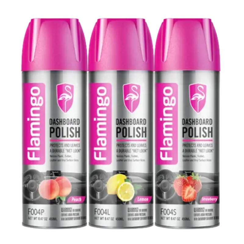 Flamingo Dashboard Polish 450ml  Available in Jasmine, Lemon, Peach, and Strawberry Fragrances
