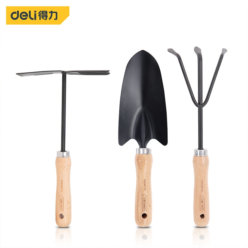 Deli Tools DL580833 Garden Three-Piece Tool Set with Wooden Handles