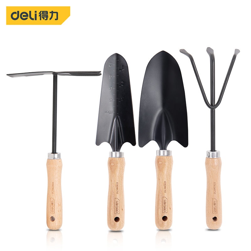 Deli Tools DL580834 Garden Four-Piece Tool Set with Wooden Handles