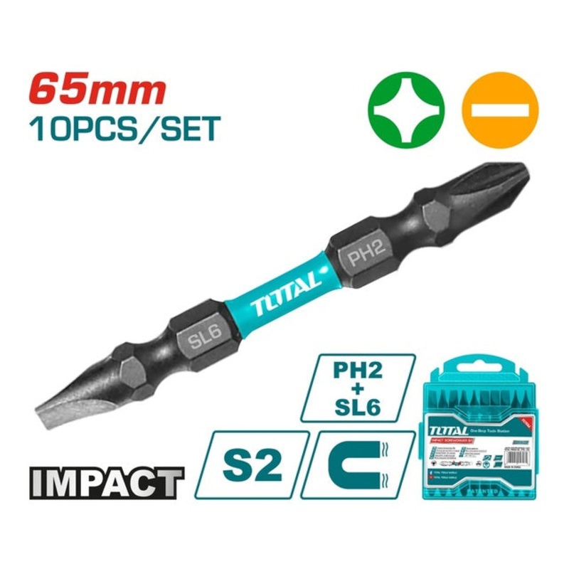 TOTAL IMPACT SCREWDRIVER BIT PH2 + SL6 65mm 10PCS (TACIM16HL133)