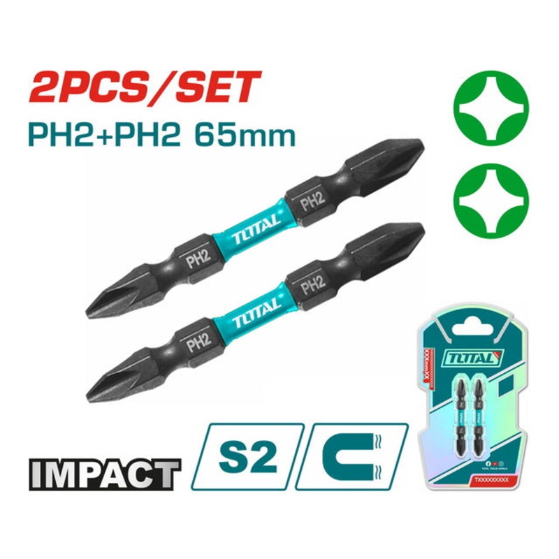 TOTAL Impact screwdriver bits ?H2+PH2 65mm 2pcs (TACIM72PH265)