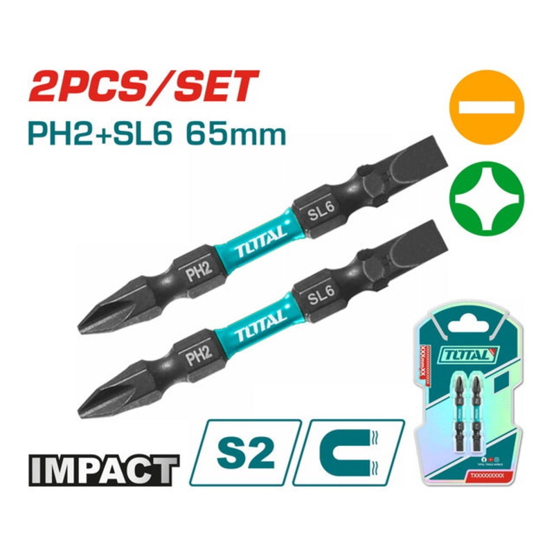 TOTAL Impact screwdriver bits PH2+SL6 65mm 2pcs (TACIM72HL665)
