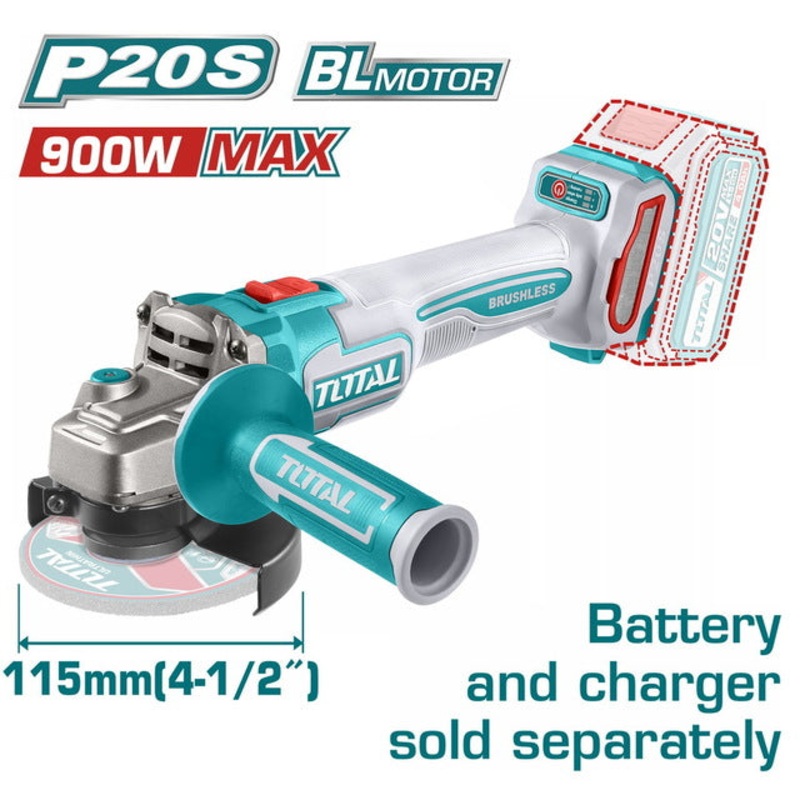 TOTAL Cordless angle grinder Li-ion 20V / 115mm SOLO (TAGLI21154)