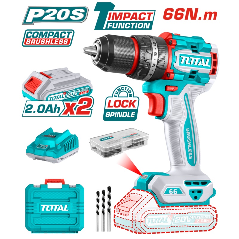 TOTAL Compact Brushless Cordless Impact Drill Brushless Motor 66N.m | 20Volt (TIDLI20668)