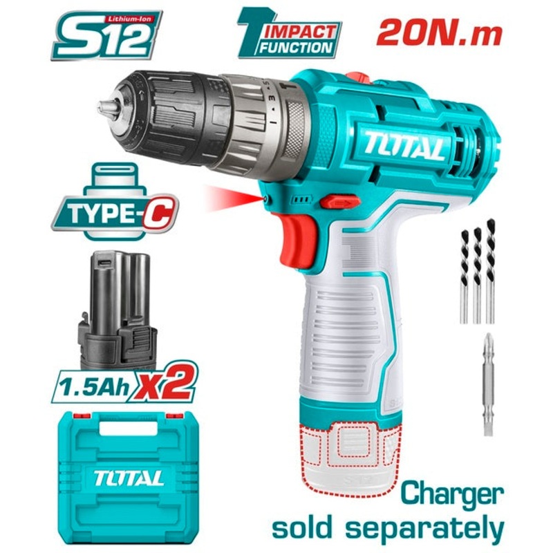 TOTAL Cordless Impact Drill Li-ion 12V / 1.5Ah / 20Nm / 2 Battery (TIDLI12202)