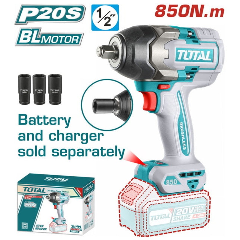 TOTAL Cordless Impact Wrench 20V / 850Nm SOLO (TIWLI20851)