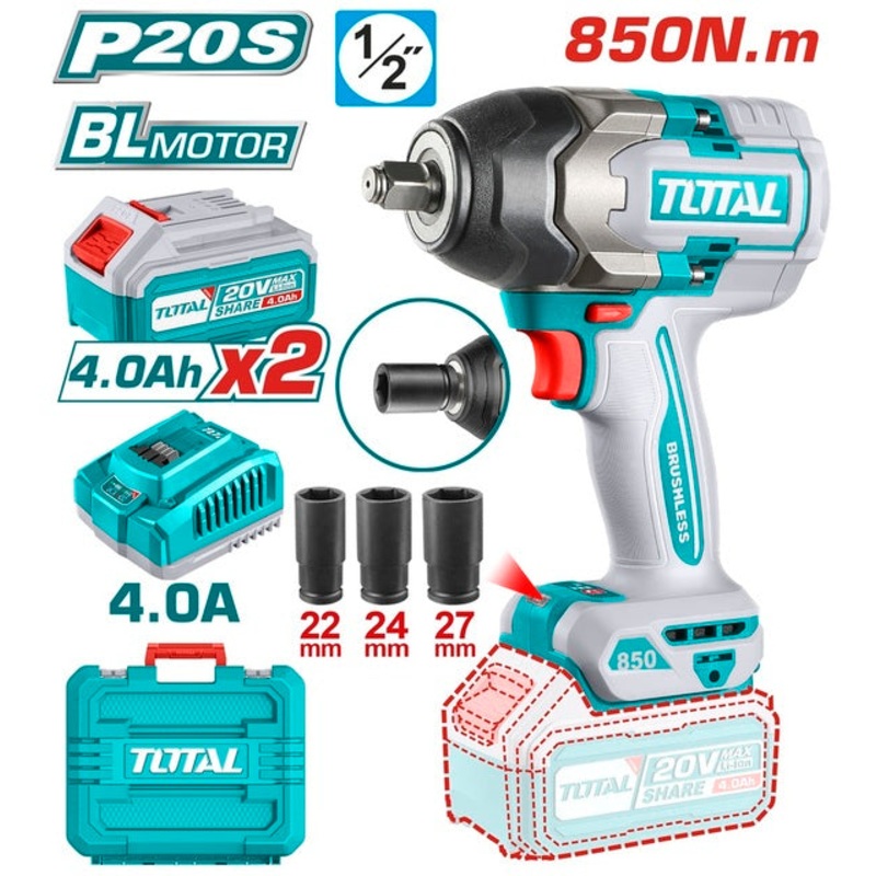 TOTAL Cordless Impact Wrench Battery Li-ion 20V / 4Ah / 850Nm / 2 Batteries (TIWLI2085)