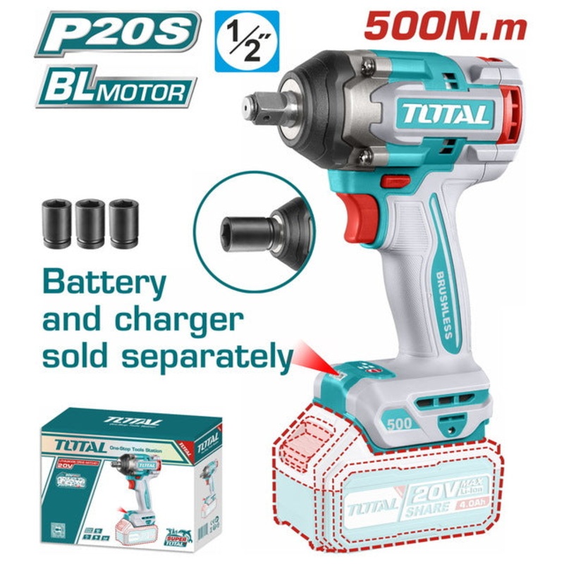 TOTAL Cordless Impact Wrench Battery Li-ion 20V / 500Nm without Battery & Charger (TIWLI20501)