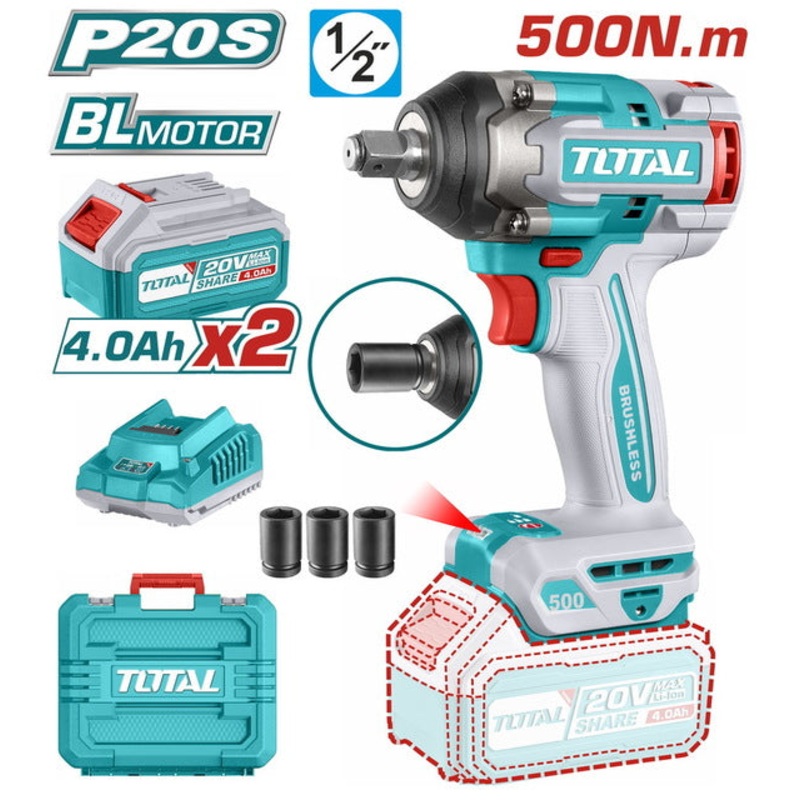 TOTAL Cordless Impact Wrench Li-ion 20V / 4Ah / 500Nm (TIWLI2050)