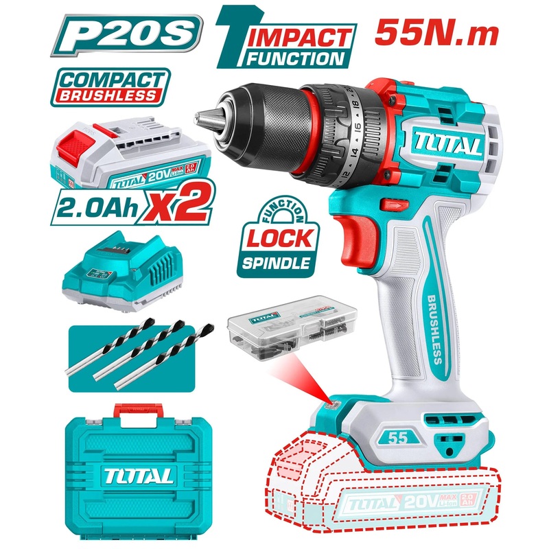 TOTAL Lithium-Ion Impact Drill 20V / 45Nm (TIDLI201455)