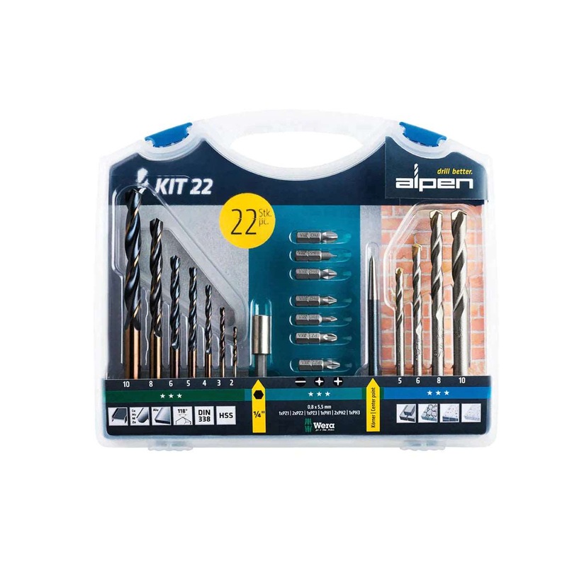 Alpen Drill and Screwdriver Bit Set 22Pc for Steel & Masonary