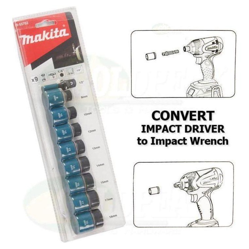 Makita B-55762 Impact Socket Wrench Set with 1/4" Hex Adaptor