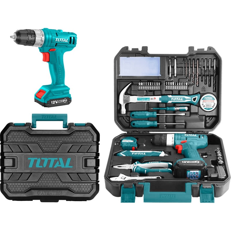 Total THKTHP11272 12V Cordless Drill + Hand Tools ( 127pcs Household Tools Set)