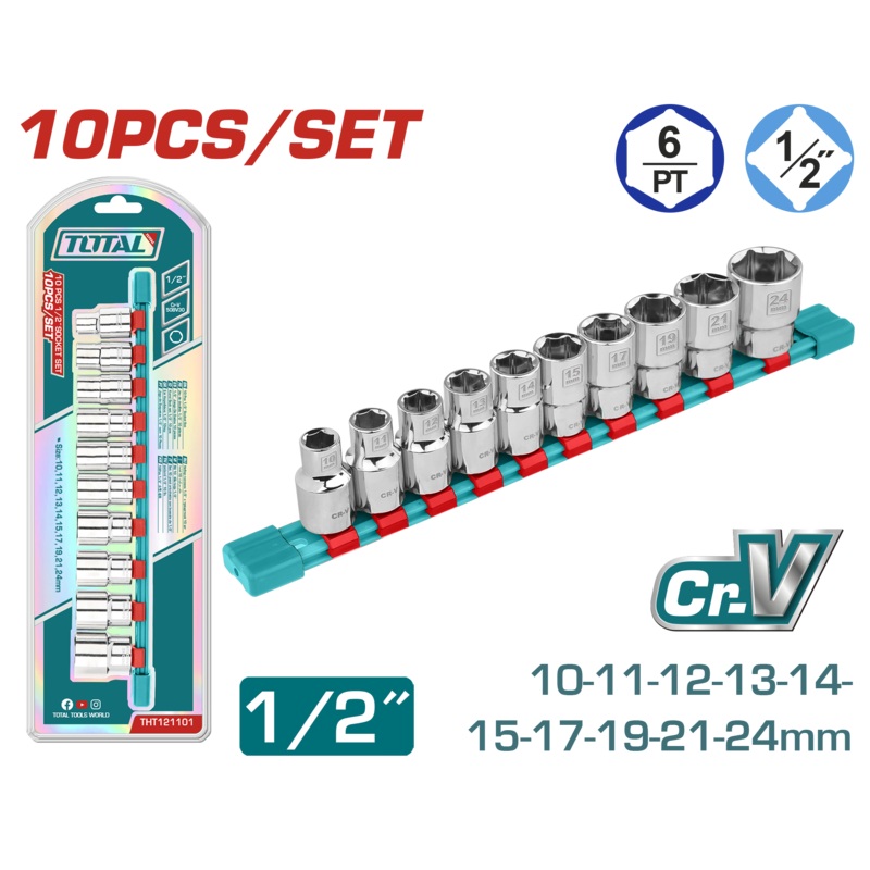Total tools 10 Pcs 1/2" socket set 10 : 24 mm - THT121101