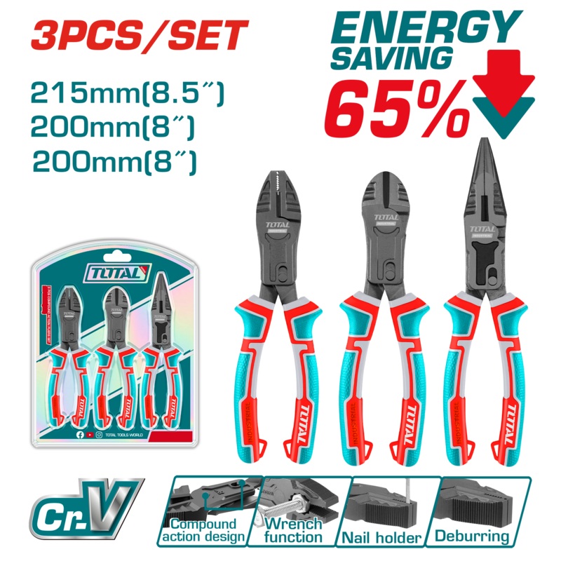 Total tools 3 Pcs compound action pliers 8"  set - Energy saving 65% - THT2CK231S