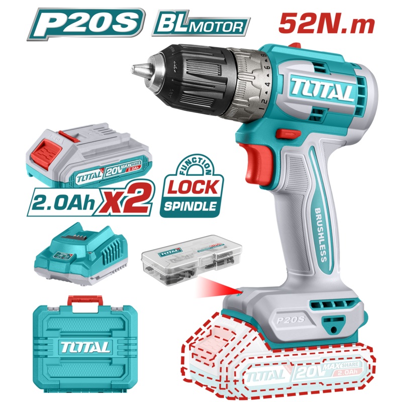 Total tools Brushless cordless drill 20V 52Nm + 2 pcs batteries + charger + 47 Pcs accessories TDLI20453