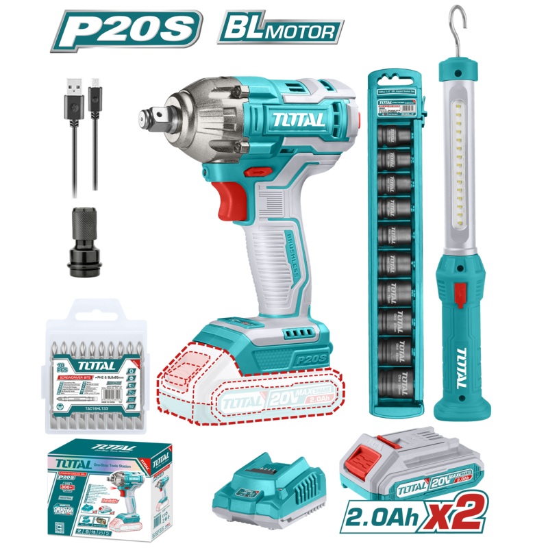 Total tools Cordless 2 pcs combo kit (  impact wrench +  Work lamp ) + 2pcs battery  20V + charger + impact socket set   TOSLI231004