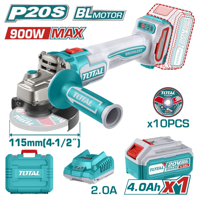 Total tools Cordless angle grinder 20V 4.5" + battery and charger + 10 pcs metal cutting disc  -TAGLI211541