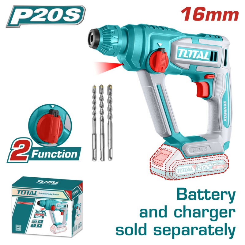 Total tools Cordless rotary hammer 16 mm 20V without battery and charger - TRHLI20168