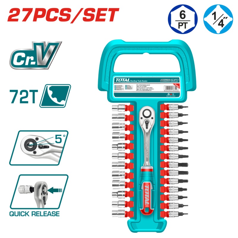 Total tools 27 Pcs 1/4" socket set with  ratchet hand - THT141271