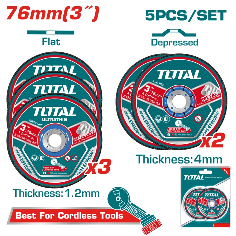 Total tools 5PCS Abrasive metal cutting and grinding disc set 3" - TAC303768
