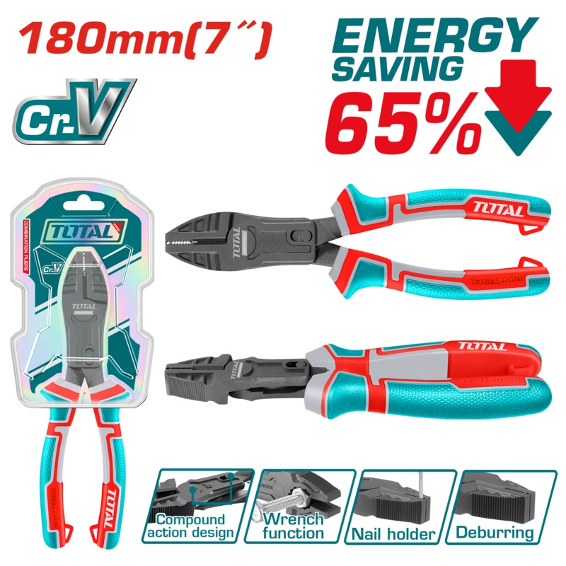 Total tools Compound action 7" combination pliers 65% Energy saving  - THTC510706