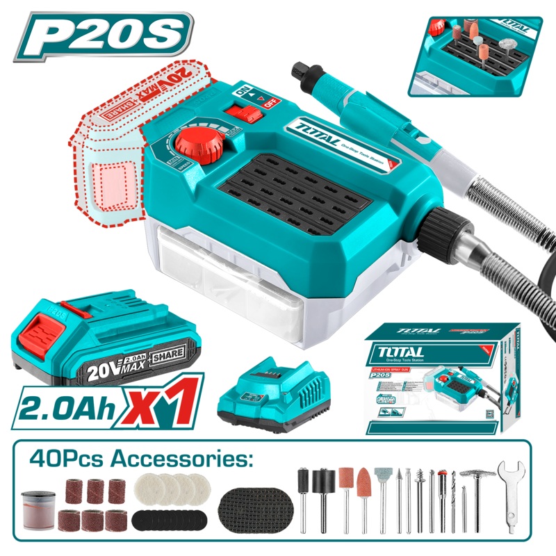 Total tools Cordless grinder 20v with battery and charger + 40 pcs accessories set  - TMGLI20011