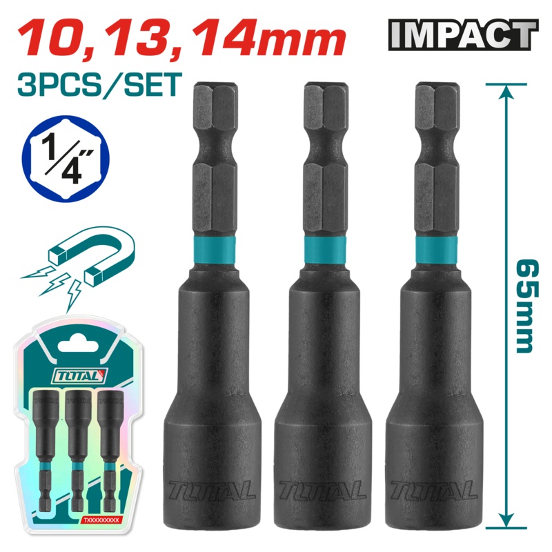 Total tools Industrial 3 Pcs impact magnetic nut set (10-13-14 mm) - TAC2703431