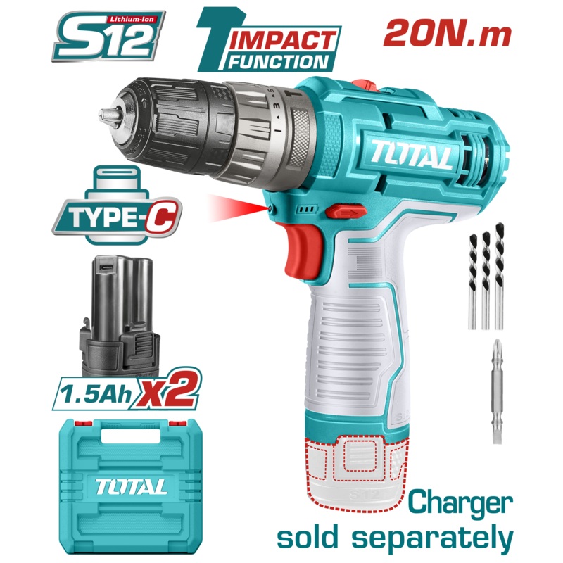 Total tools Lithium-Ion 12V impact drill  20Nm + 2 Pcs 1.5Ah battery  without Charger -TIDLI12202
