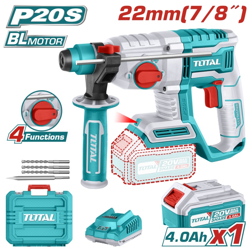 Total tools Lithium-Ion  20 V  Brushless rotary hammer 22 mm with battery and  charger  - TRHLI202081