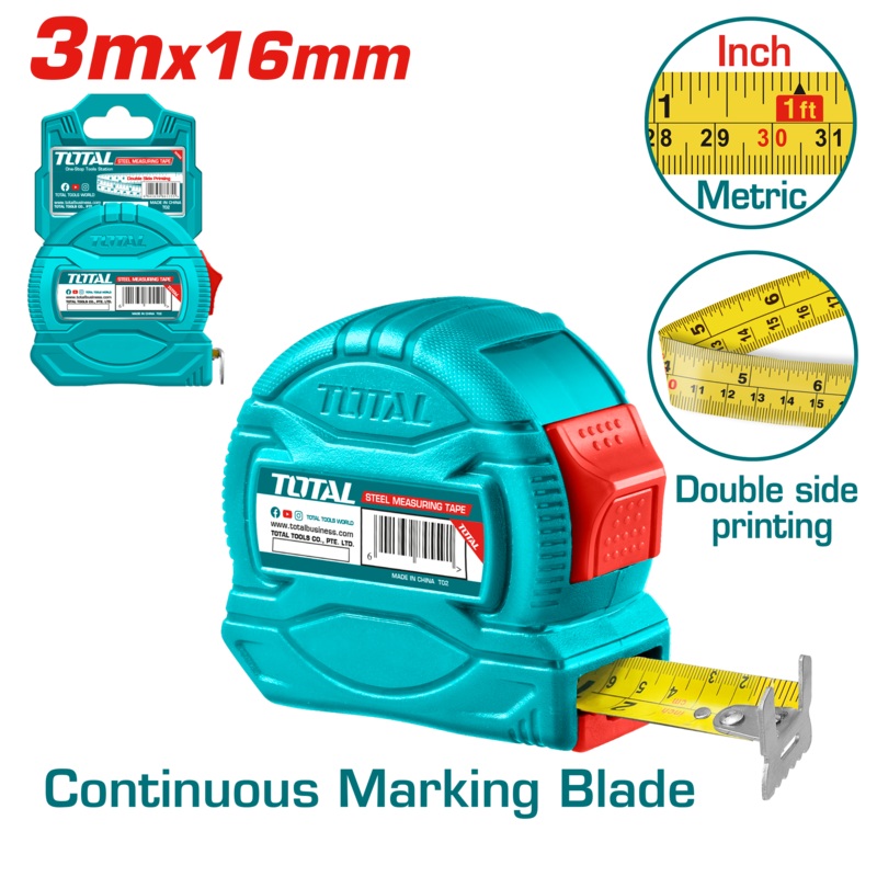 Total tools Steel measuring tape 3 m * 16 mm ( metric and inch )- TMT34316