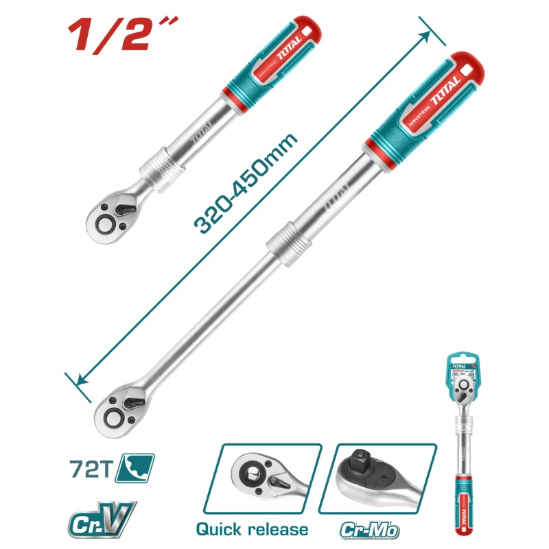 Total tools 1/2" Extendable ratchet wrench 340-450mm  72T - THT106128L