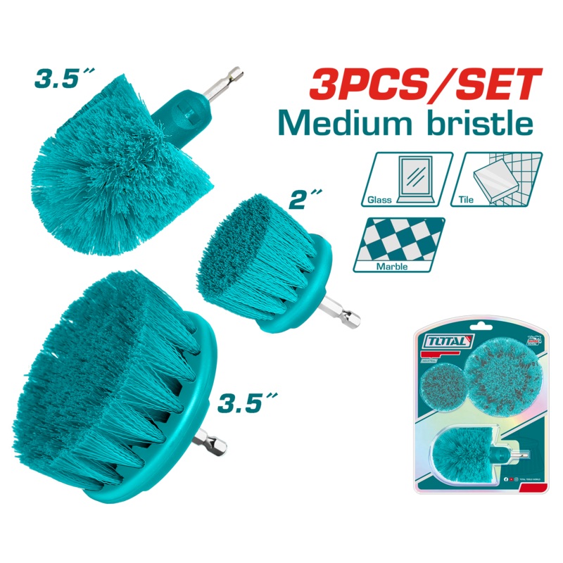 Total tools 3 Pcs Medium bristle brush set with hex Shank  1/4 "  - TACM3001