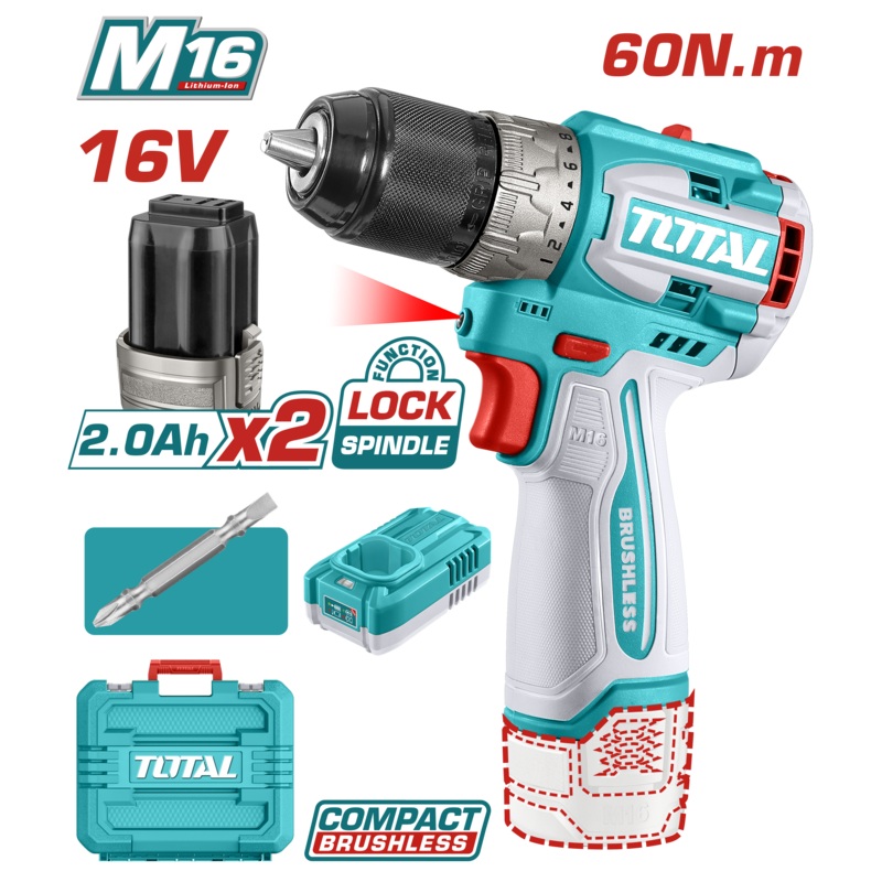 Total tools Compact brushless cordless drill 60Nm  with 2 Pcs  16V batteries + charger  - TDLI16682