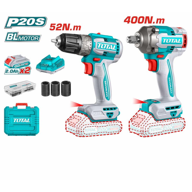 Total Tools Cordless 2 pcs combo kit cordless drill And impact wrench With  2 Pcs 2.0Ah battery And Charger And 47 Pcs accessories -TCKLI20271