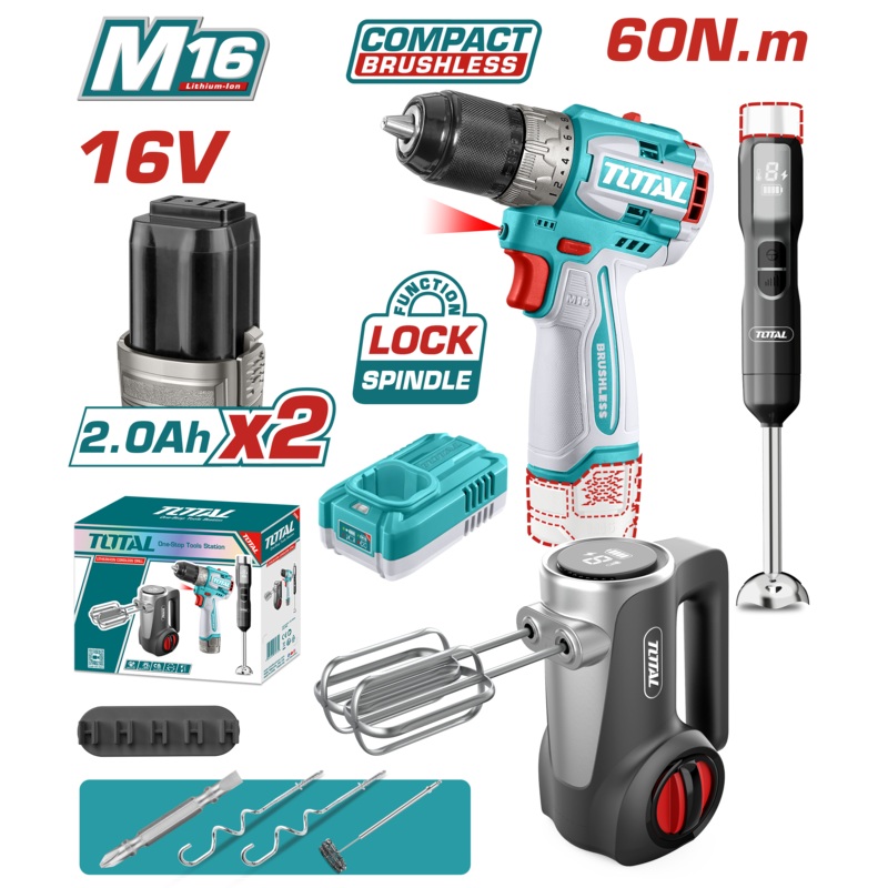Total tools Cordless 3 pcs combo kit  (Brushless drill + hand mixer + hand blender ) 16V - TCKLI1638