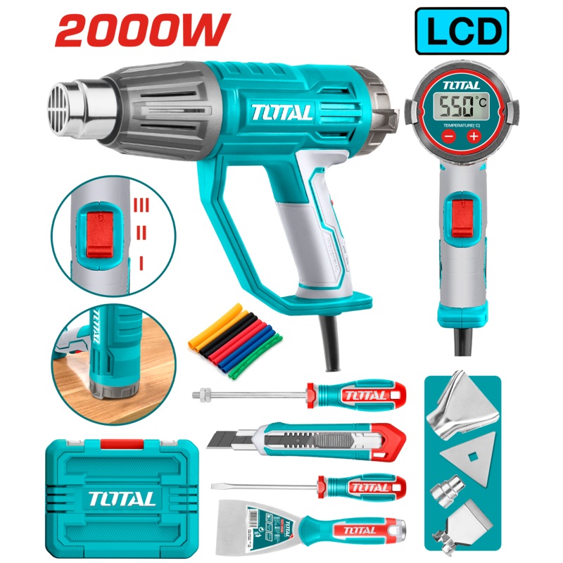 Total tools Heat gun 2000 W Adjustable temperature with LCD + Accessories  - TB200561