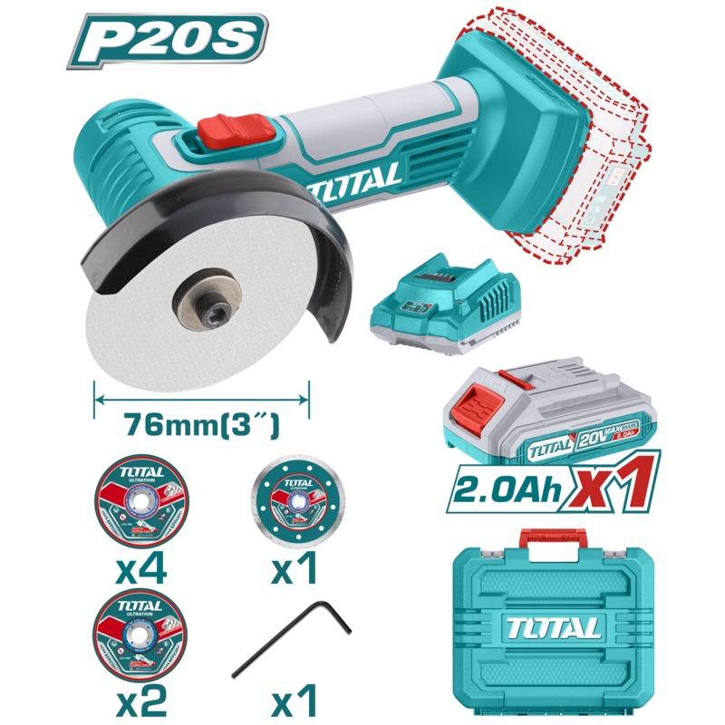 Total tools Li-ion Mini Cut-off Tool 3 " - 20 V + 7 pcs disc set With 1 Pcs 2.0Ah battery pack And 1 Pcs charger-TAGLI76012