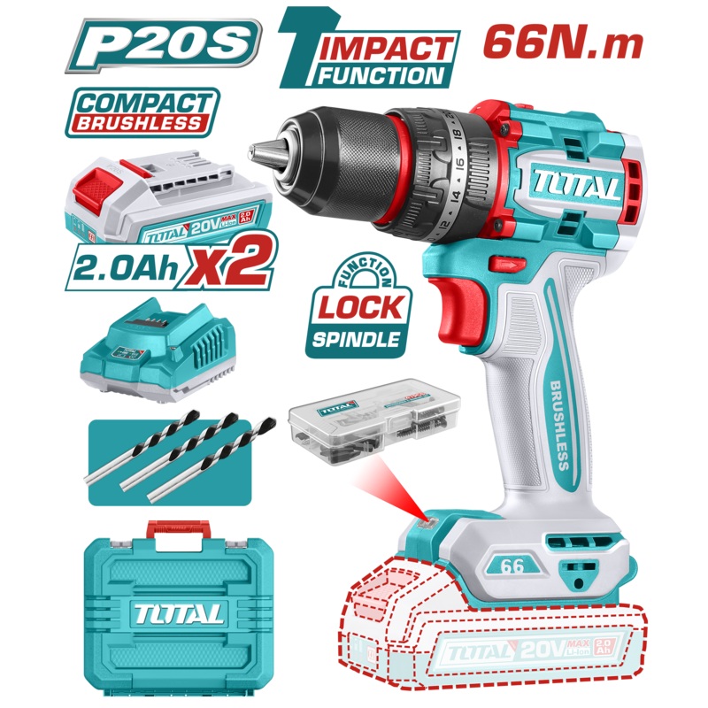 Total Tools Lithium-Ion Compact Brushless Cordless Impact Drill 20V 66 NM With  2 Pcs 2.0Ah battery And Charger  And 47 Pcs accessories +3 Pcs masonry drill bits -TIDLI20668