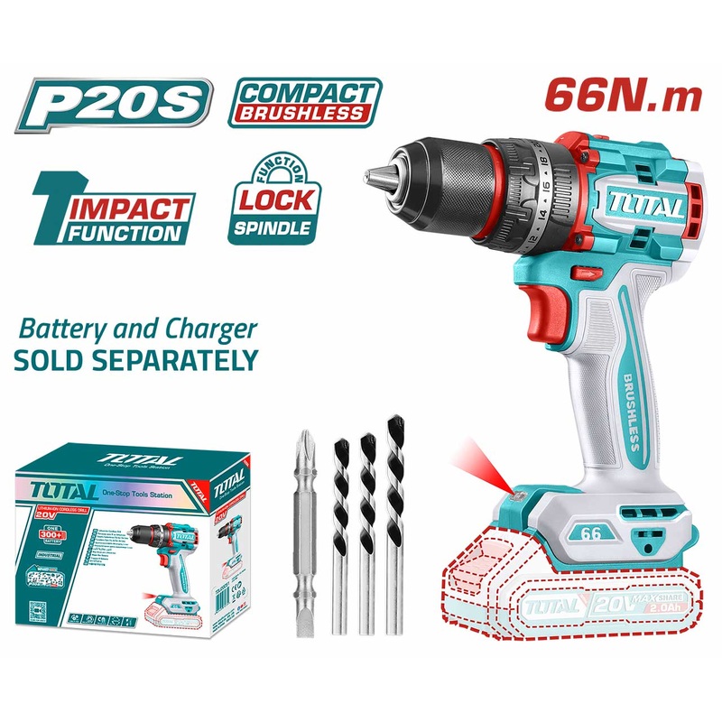 Total Tools Lithium-Ion Compact Brushless Cordless Impact Drill 20V  66 NM Without battery And Charger-TIDLI206681