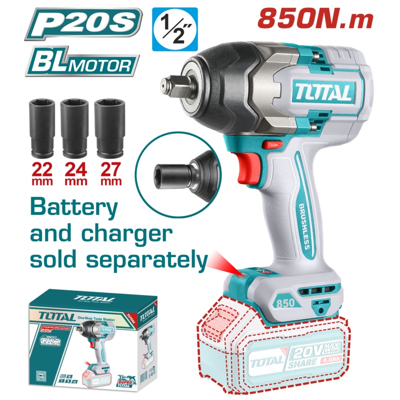 Total Tools Lithium-Ion Cordless impact wrench 20V  850 NM Brushless motor  Without battery And Charger-TIWLI20851