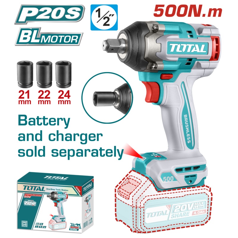 Total Tools Lithium-Ion Cordless impact wrench 20V Brushless motor 500 NM Without battery And Charger-TIWLI20501