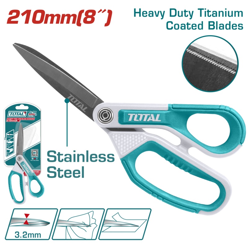 Total tools Rubber grip long-blade scissors 8" 210 mm - THSCRS812108