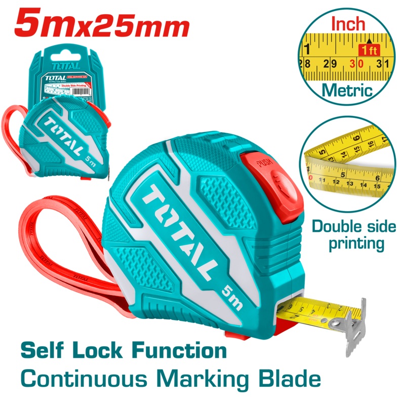 Total tools Steel measuring tape 5M 25 mm  Self lock With rubber cover - TMT126252