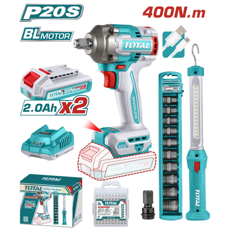 Total tools Cordless 2 pcs  20 V combo kit (  impact wrench 1/2 " 400 N.m +  work lamp + impact socket set ) with 2 battery + charger  - TOSLI23048