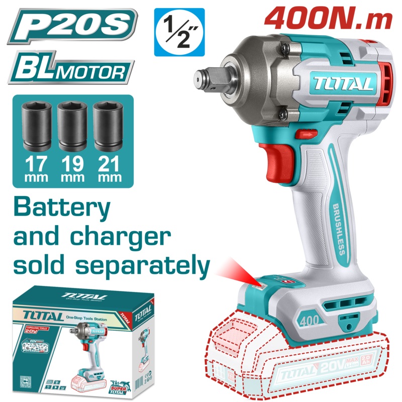 Total tools Cordless impact  Brushless wrench 1/2 inch 20V  400 NM Without battery And Charger- TIWLI20401