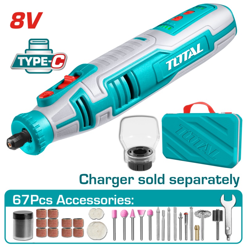 Total tools Cordless mini grinder 8 volt with  67 Pcs Accessories - TMGLI0801