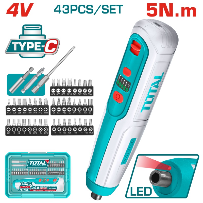 Total tools Cordless screwdriver 1/4 inch 4 volt 5 N.m with 43 pcs Accessories  - TSDLI04062