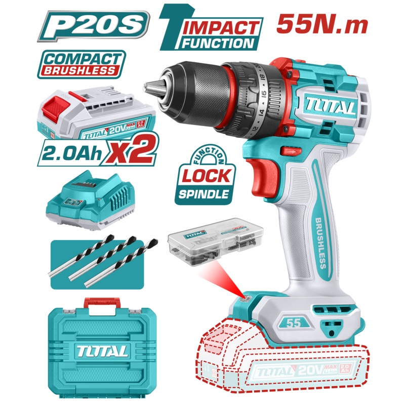 Total tools Lithium-Ion Brushless Cordless Impact Drill 20V 55 NM With 2 battery And Charger- TIDLI20558