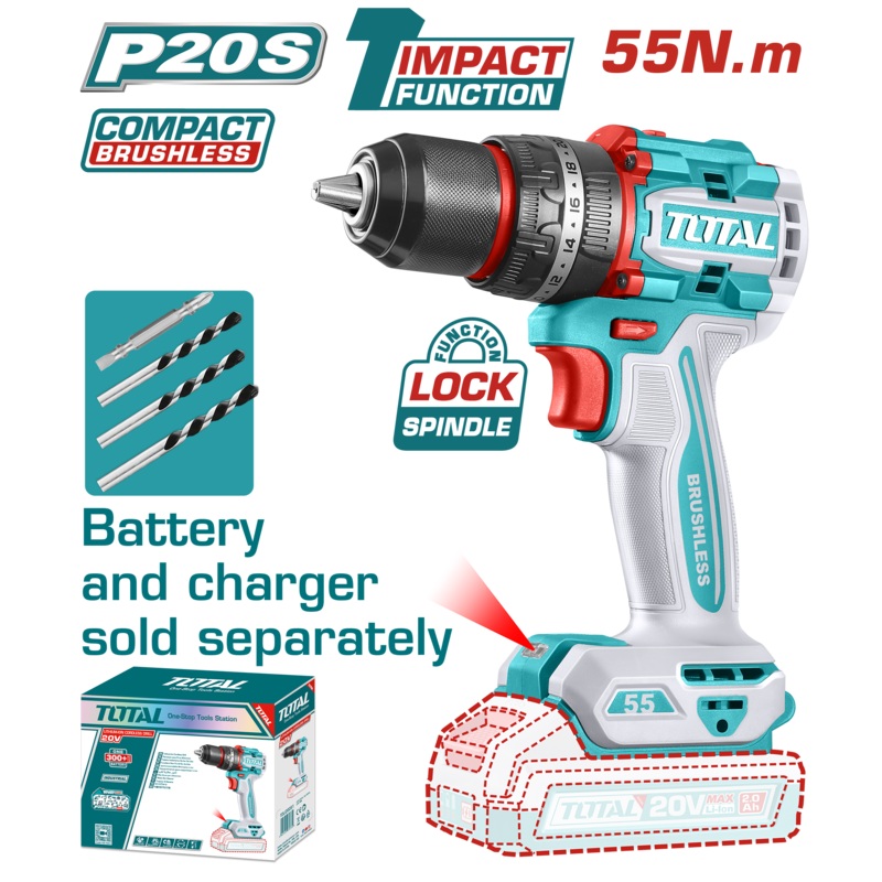Total tools Lithium-Ion Brushless Cordless Impact Drill 20V 55 NM Without battery And Charger- TIDLI205581